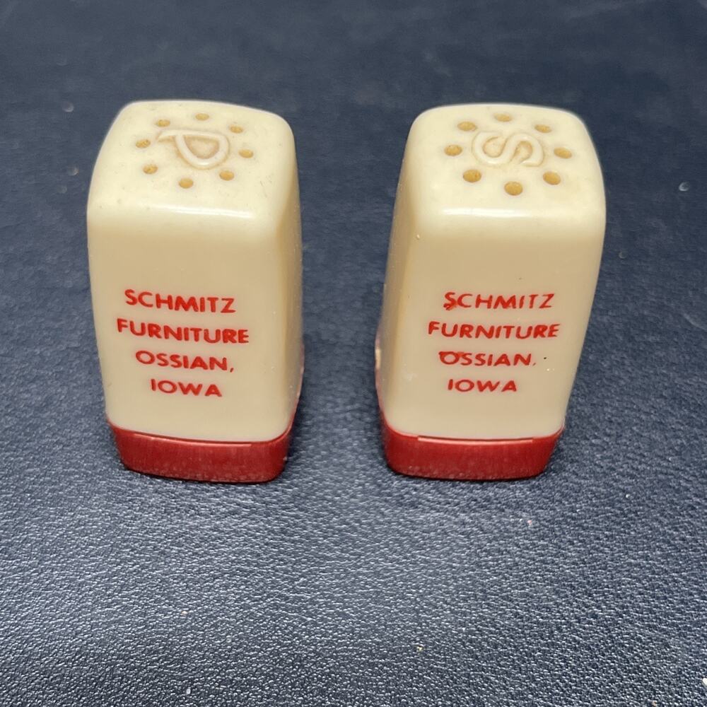 Vintage Schmitz Furniture Ossian Iowa Advertising Salt & Pepper Shakers 1.75”